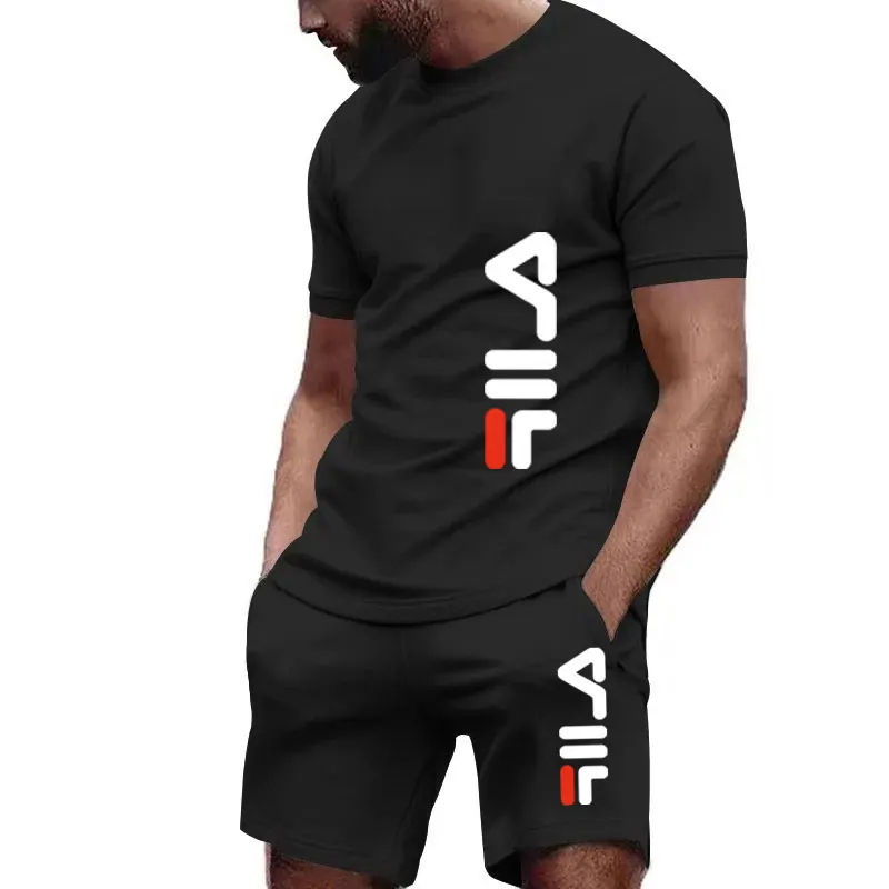 2024 New Men\'s Fitness Fashion Set Men\'s casual sportswear set Quick drying sportswear Short sleeved T-shirt+shorts 2-piece set