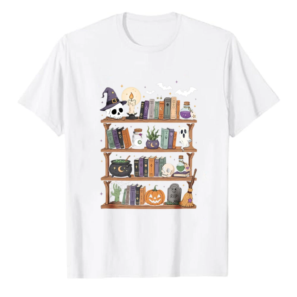 Halloween Witch Bookshelf Skull Ghost Pumpkin Cauldron Potion Broom Bat Candle Graphic T‑Shirt Spooky Book Shelf Art Cotton Tops