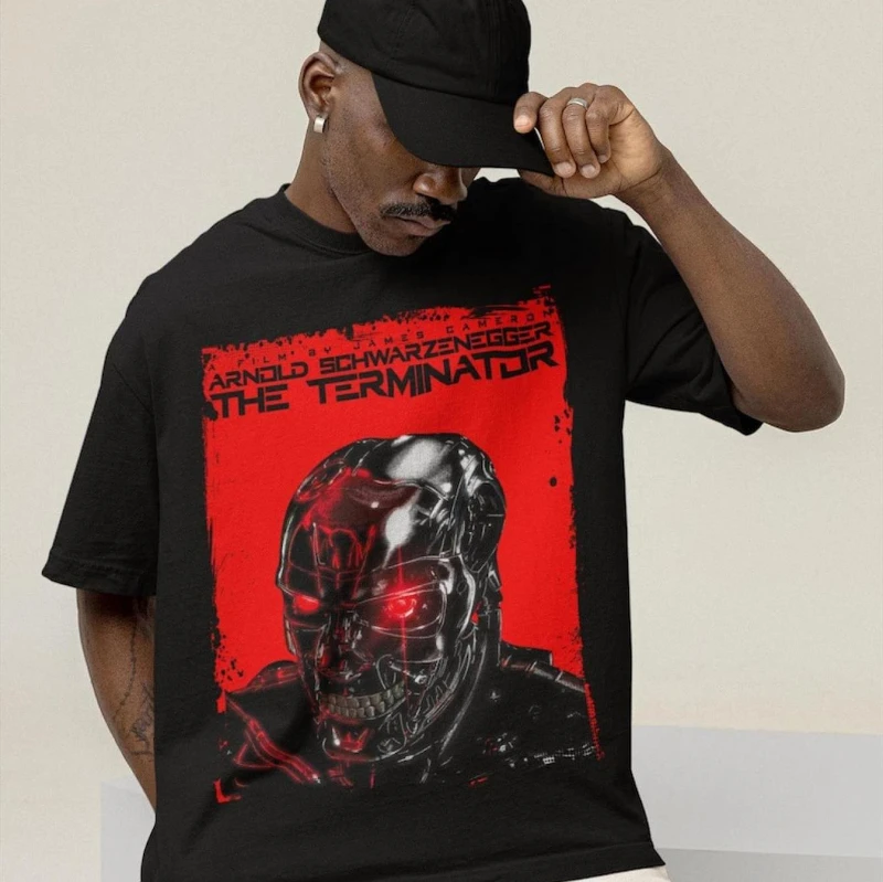

Summer Terminator T800 Shirt - Arnold Schwarzenegger Terminator 2 Movie Graphic T-shirt, Black with Red Network Design