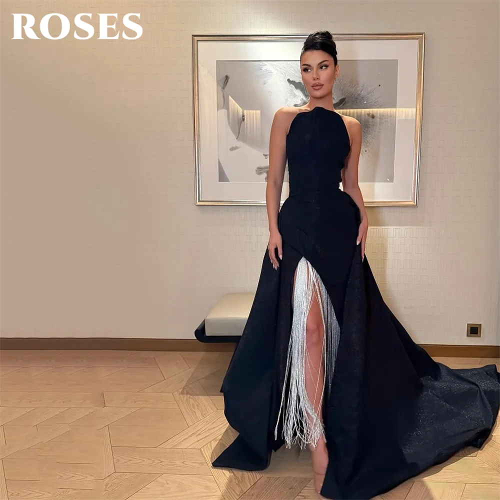 

ROSES Black Sleeveless Prom Dresses Strapless Celebrity Dress with Fringe Slit Evening Dress Fitted Formal Dress Customized
