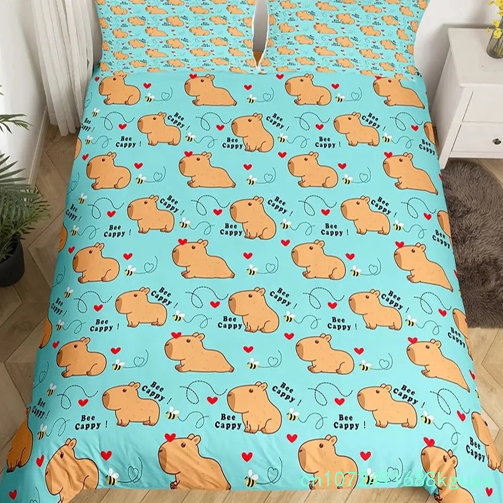 Cute Capybara Print Bedding Sets Full Kawaii Honey Bee Comforter Cover,Cartoon Animals Bed Set Red Love Heart Print Duvet Cover