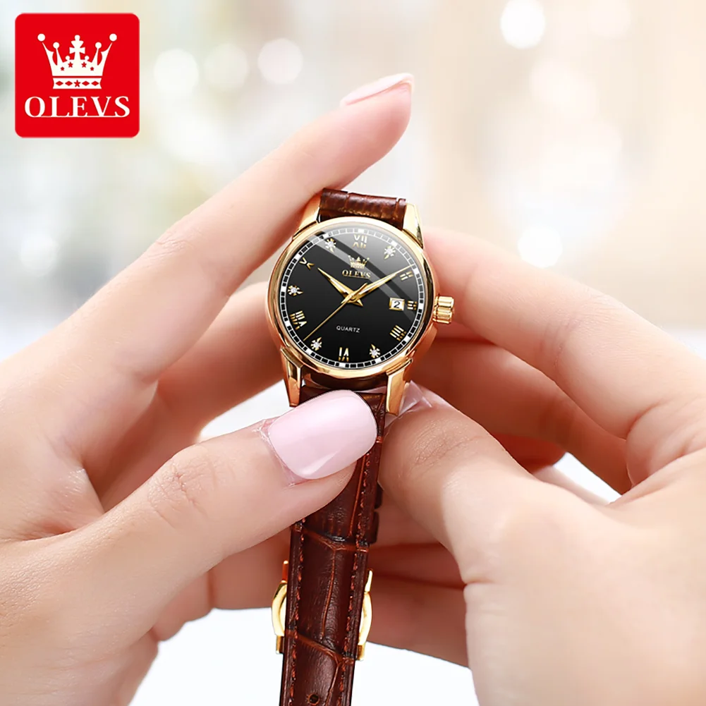 OLEVS-reloj de cuarzo con correa de cuero para mujer, accesorio de pulsera resistente al agua con calendario, marca superior de lujo, 2024