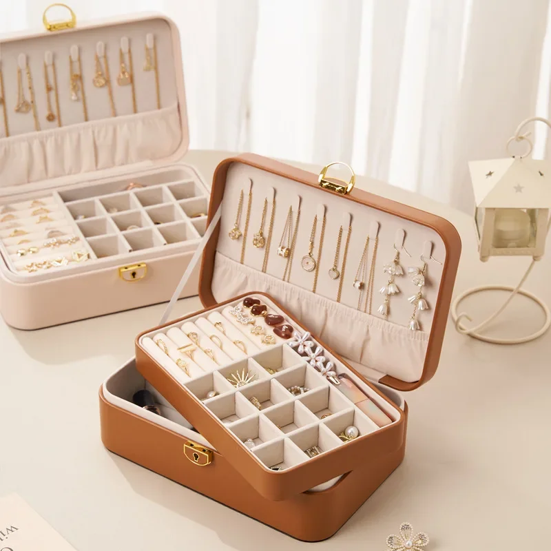 Jewelry Box with Lock Double Layer Exquisite Anti-oxidation Accessories Storage Necklace Ring Container Holder