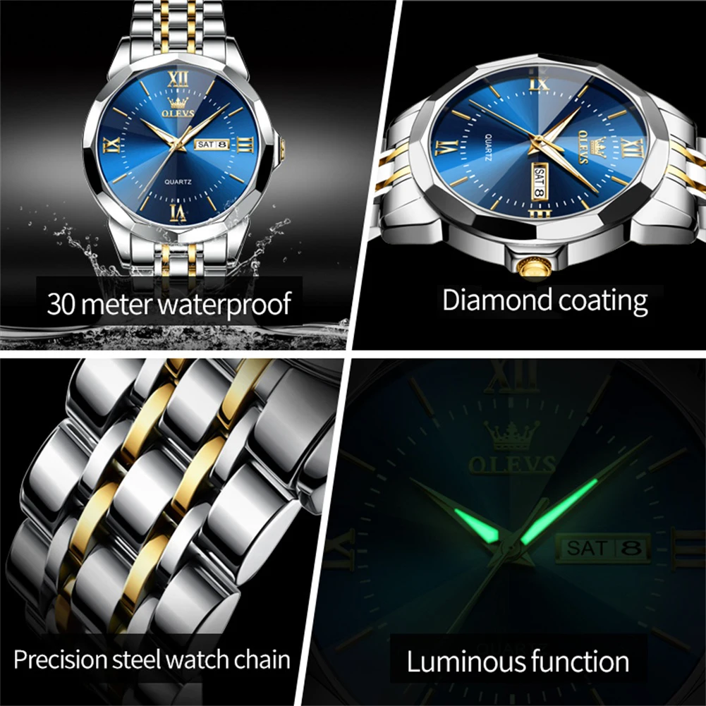 OLEVS Fashion Blue Quartz Watch Men Stainless Steel Mens Watches Top Brand Luxury Waterproof Men Wristwatches Relogio Masculino