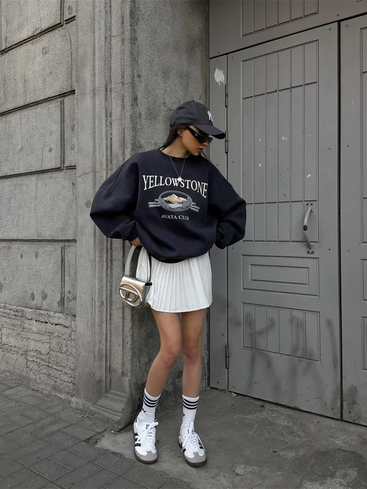 Sweat-shirt rétro américain doublé avec lettres imprimées pour femme, haut Simple et décontracté pour l'automne et l'hiver, nouvelle collection