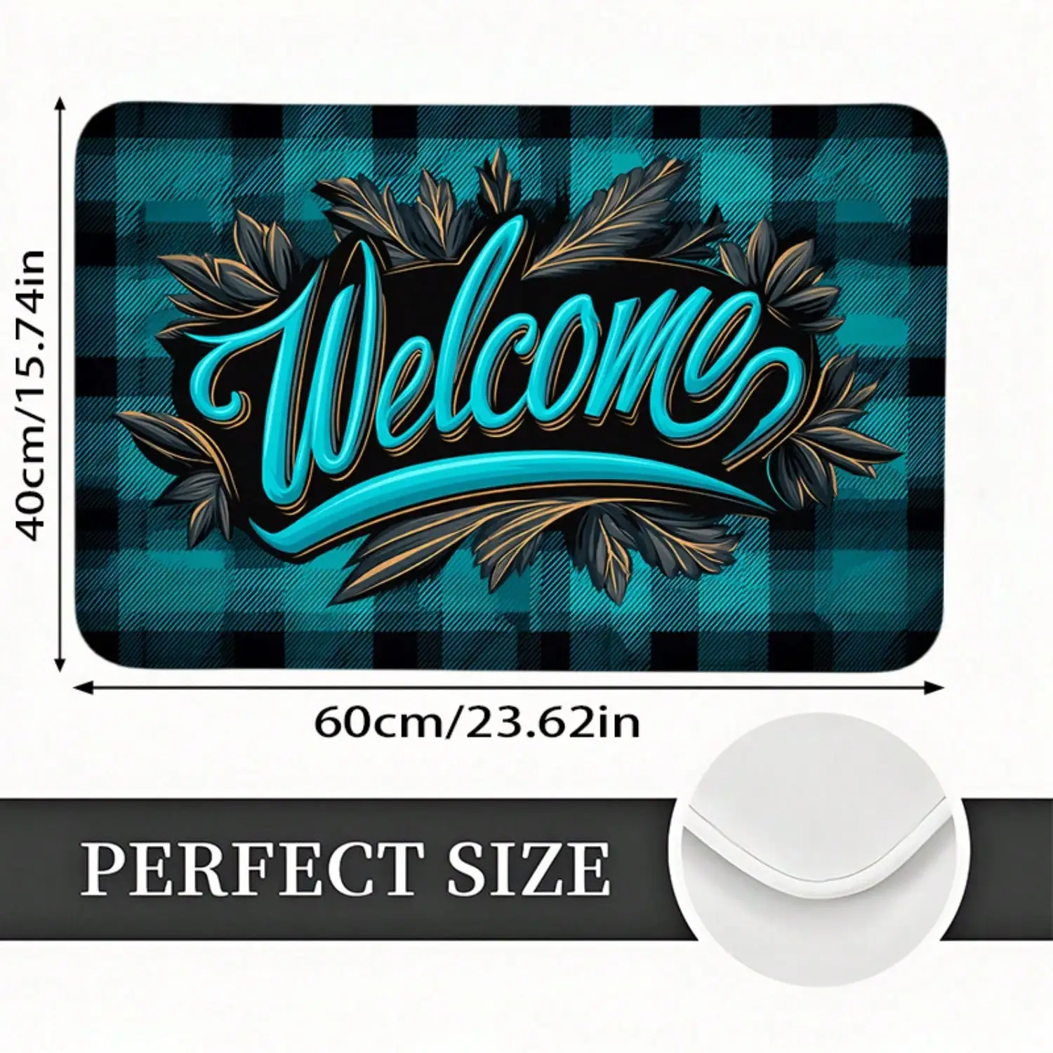 Non-Slip Teal Script Floral Welcome Mats Suitable For Indoor/Outdoor Use, Thick Soft Machine Washable With PVC Backing, Suitable For Entrances, Balconies
