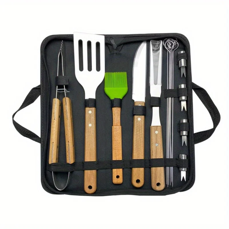 Conjunto de 16 utensílios para churrasco, com cabos de madeira, conjunto de utensílios para churrasco em aço inoxidável, kit portátil de utensílios para grelhar, utensílios para cozinhar em atividades ao ar livre e acampamentos.