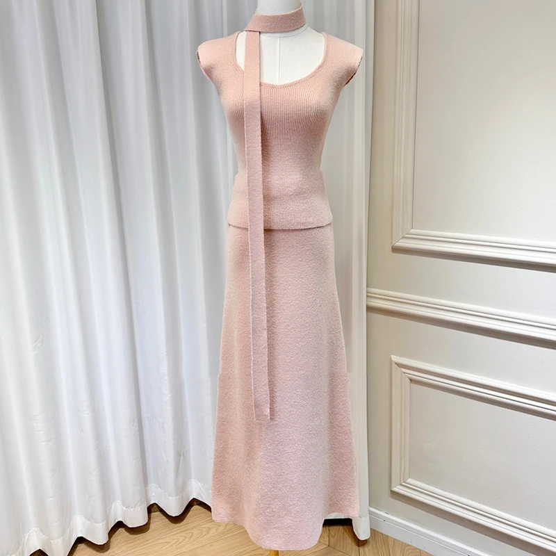 KBQ Solid Three Piece Sets for Women V Neck Short Vest High Waist A Line Long Skirts Cardigan Jacket Sweater Elegant Set Female