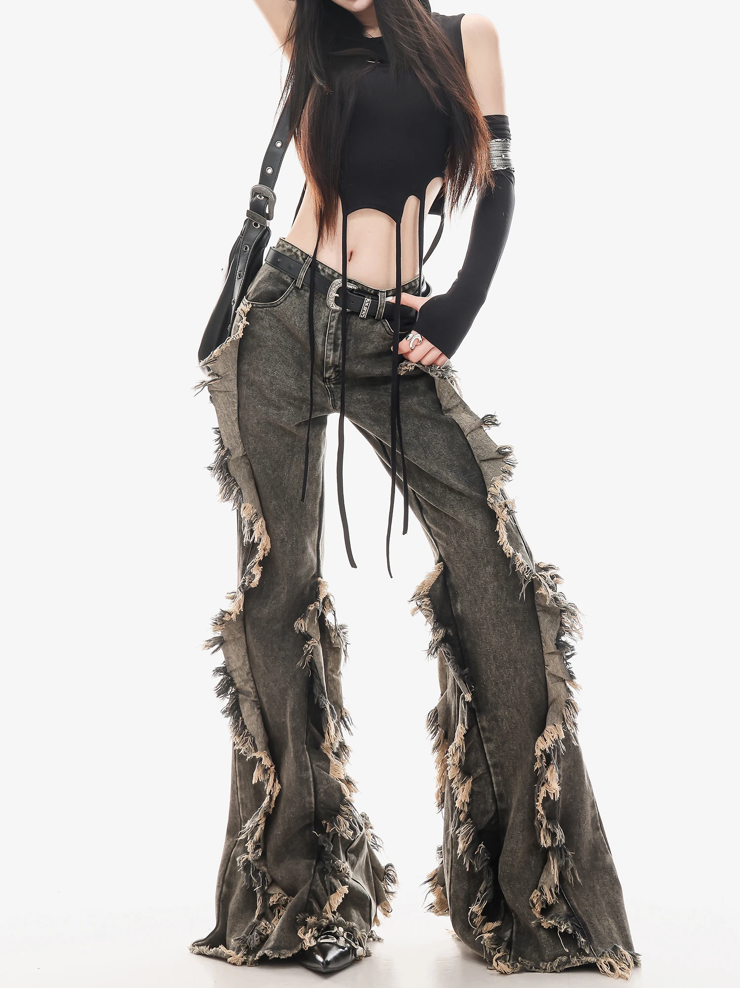 

Черные джинсы-клеш для женщин, винтажные, из плотного денима, с дизайнерскими вставками, рваные, с естественной талией, широкие штанины