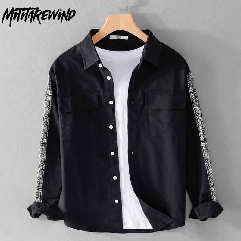 Japanese Style Man Shirts Spring Street Casual Long Sleeve Black Shirt Pockets Pure Cotton Oxford Printed Shirt Youth Trend Tops