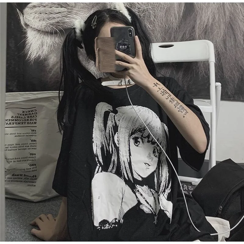 Top Grunge de estilo japonés para Mujer, camisetas con estampado de Anime para Mujer, camisetas con gráfico gótico negro, ropa Alt Punk Chic 2022