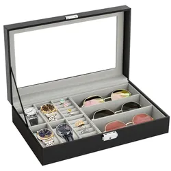 3 Piece Eyeglasses Organizer and 4 Slot Watch Display Box, Jewelry Display Case Organizer with Large Glass Top, Sunglass Box