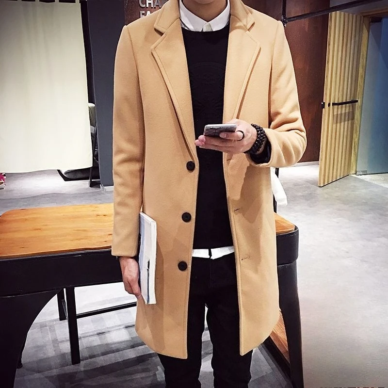 معطف شتوي رجالي من الصوف معطف طويل فضفاض مناسب سترة سميكة دافئة على الطراز الكوري سترة غير رسمية