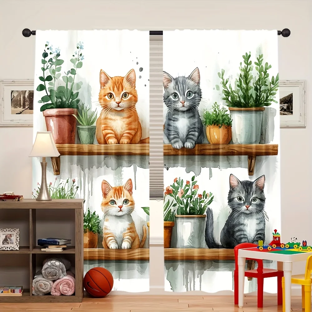 Cat and Plant Storage Shelf Theme Print Drapes Room Darkening Window Curtains Home Decor,Rod Pocket Blackout Curtains Bedroom