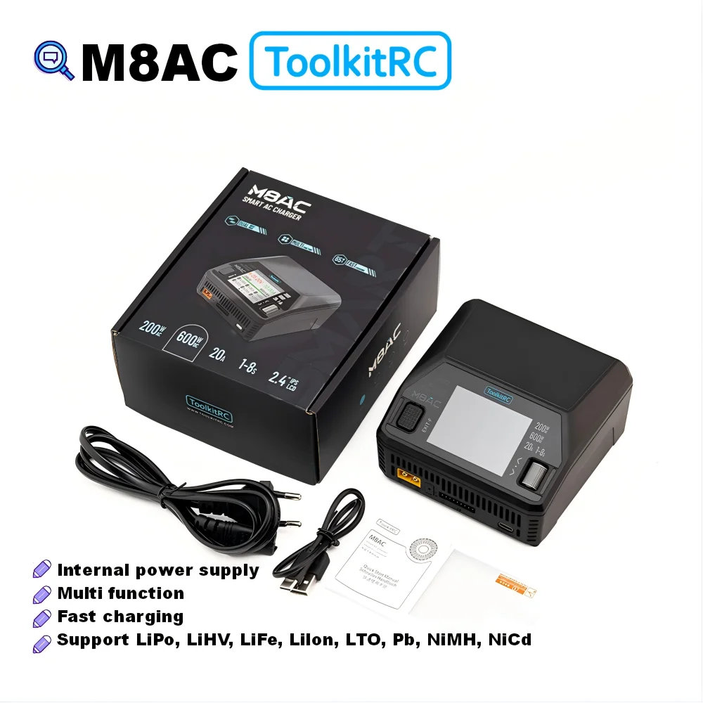 

ToolkitRC M8AC Smart Charger – 600W 20A DC / 200W AC Dual Power for 1-8S LiPo LiHV, Built-in 65W PD USB-C Fast Charger, FPV RC
