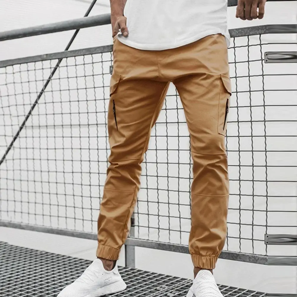 Drawstring Men Jogger Pants Solid Color Sports Trousers Zipper Pockets Hip Hop Cargo Pants Summer Casual Pants Ropa Pantalones