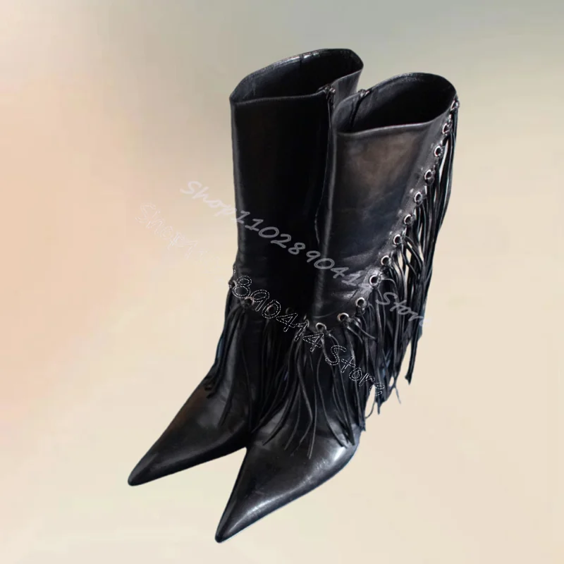 Black Tassels Decor Pointed Toe Runway Boots Side Zipper Women Shoes Thin High Heels Sexy Party Banquet 2024 Zapatos Para Mujere