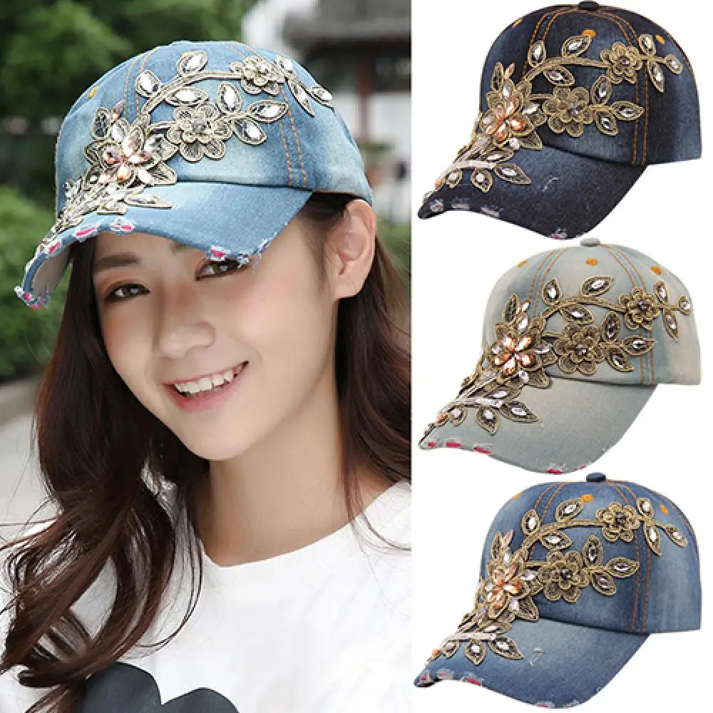 

60% Sales！ Flower Embossed Rhinestone Denim Baseball Cap Summer Fashion Women Jeans Hat