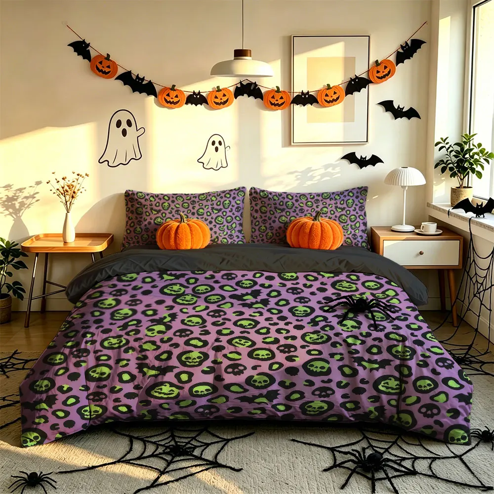 3PCS Purple Background Skull Bat Pumpkin Leopard Print Bedding Set,1 Duvet Cover+2 Pillowcases,No Filling,Soft Comfortable,Ma