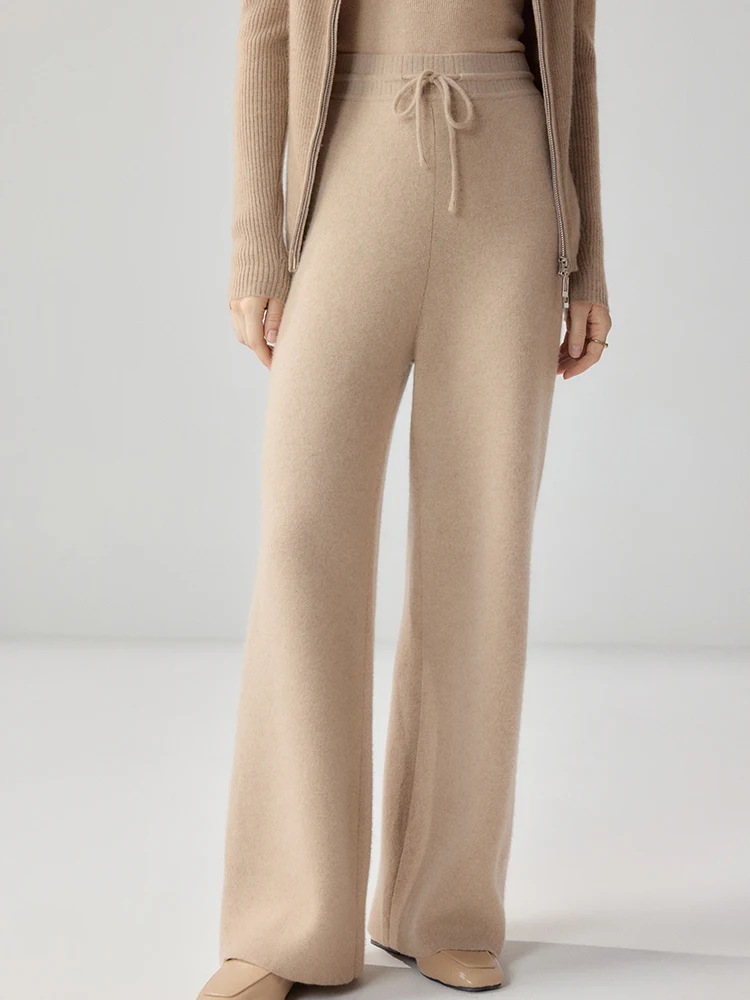ADDONEE Designer Brand Women's Wide Leg Pants 100% Cashmere Pants Autumn Winter Thicken Warm Straight Pant Lace up Knit Trousers