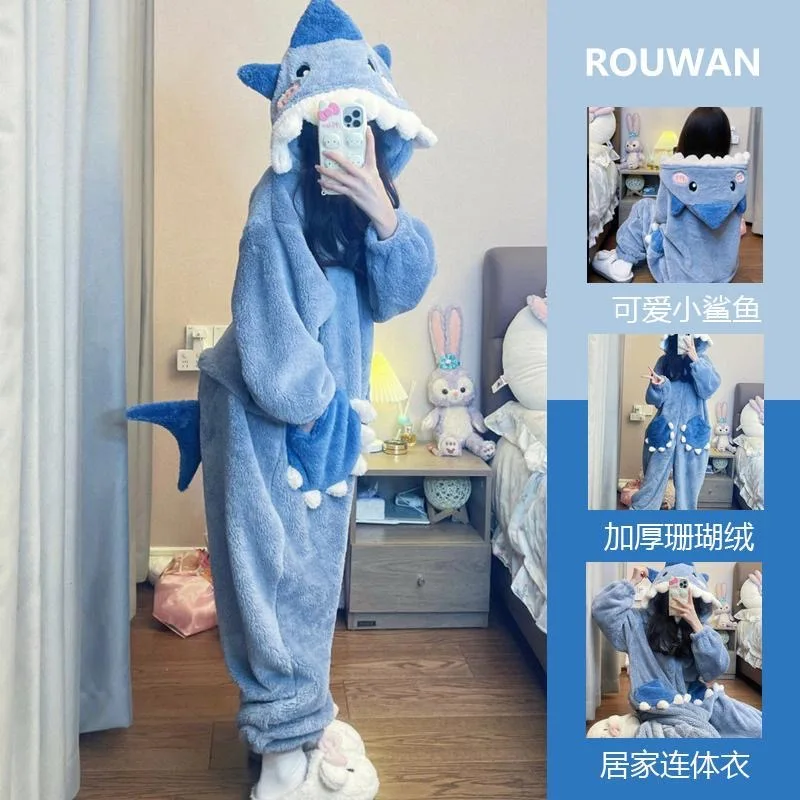 

Cartoon Cute Shark Women's Pajamas Flannel Hooded Sleepwear Pijama jumpsuit Female Set Cute Pyjamas Halloween Party Loungewear