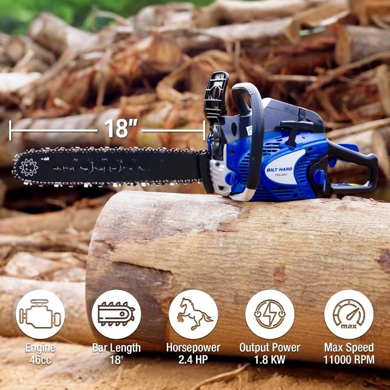 46cc 2.4 HP Gas Power Chain Saw with Automatic Oiler, 2-Cycle Engine, Petrol Handheld Gasoline Chainsaws for Wood Cutting