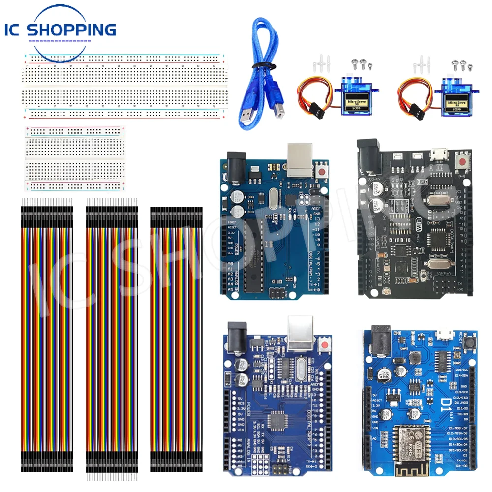 WiFi-Enabled ATmega328P Development Board with ESP8266, Arduino-Compatible, Offered as Single Board or Full Kit