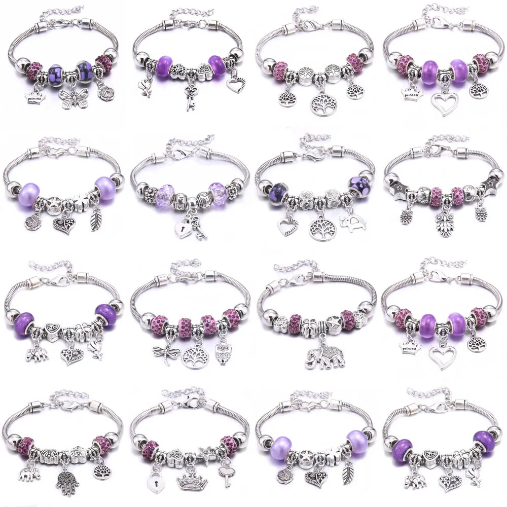 Charm Crown Pendant Purple Beaded Bangle Lobster Buckle Adjustable Snake Chain Heart Key Lock Rhinestone Bracelet Jewelry Gift