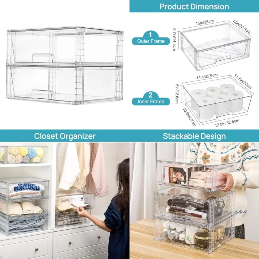 

Pack Large Stackable Storage Drawers, Easily Assemble Clear Acrylic Bathroom Closet Undersink Organizers, Plastic Storage Bins
