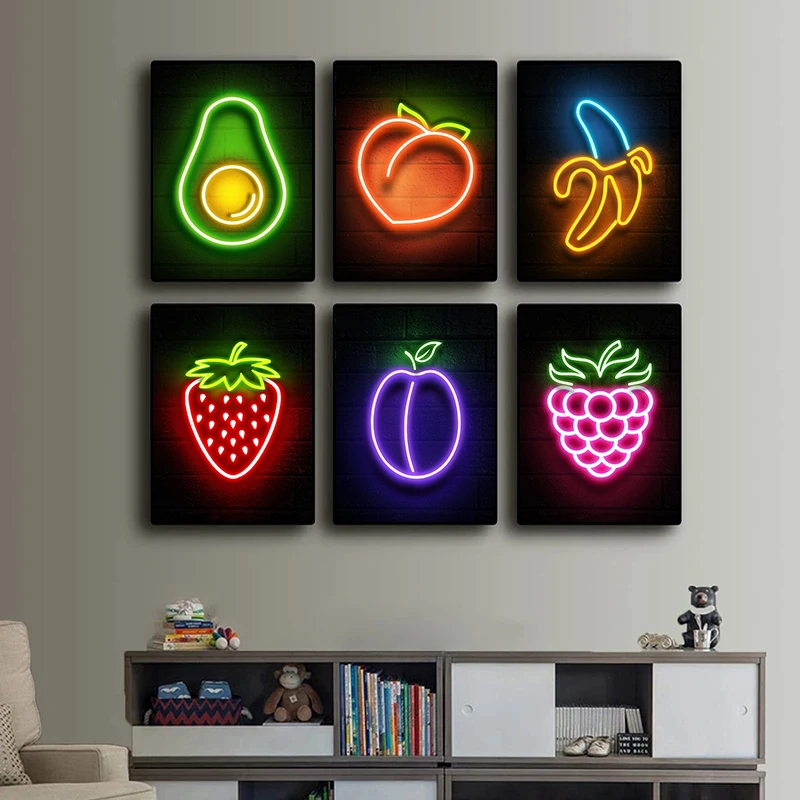 Lemon Apple Pineapple Banana Fruit Neon Sign Posters and Prints Wall Art Picture Canvas Painting for Kitchen Cartoon Home Decor