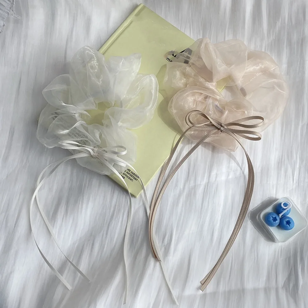 Feestruches Ontwerp Organza Haarcirkels Wasbaar Elastisch Lang lint Strik Scrunchies Zacht Romantisch Haarelastiekjes Dagelijks