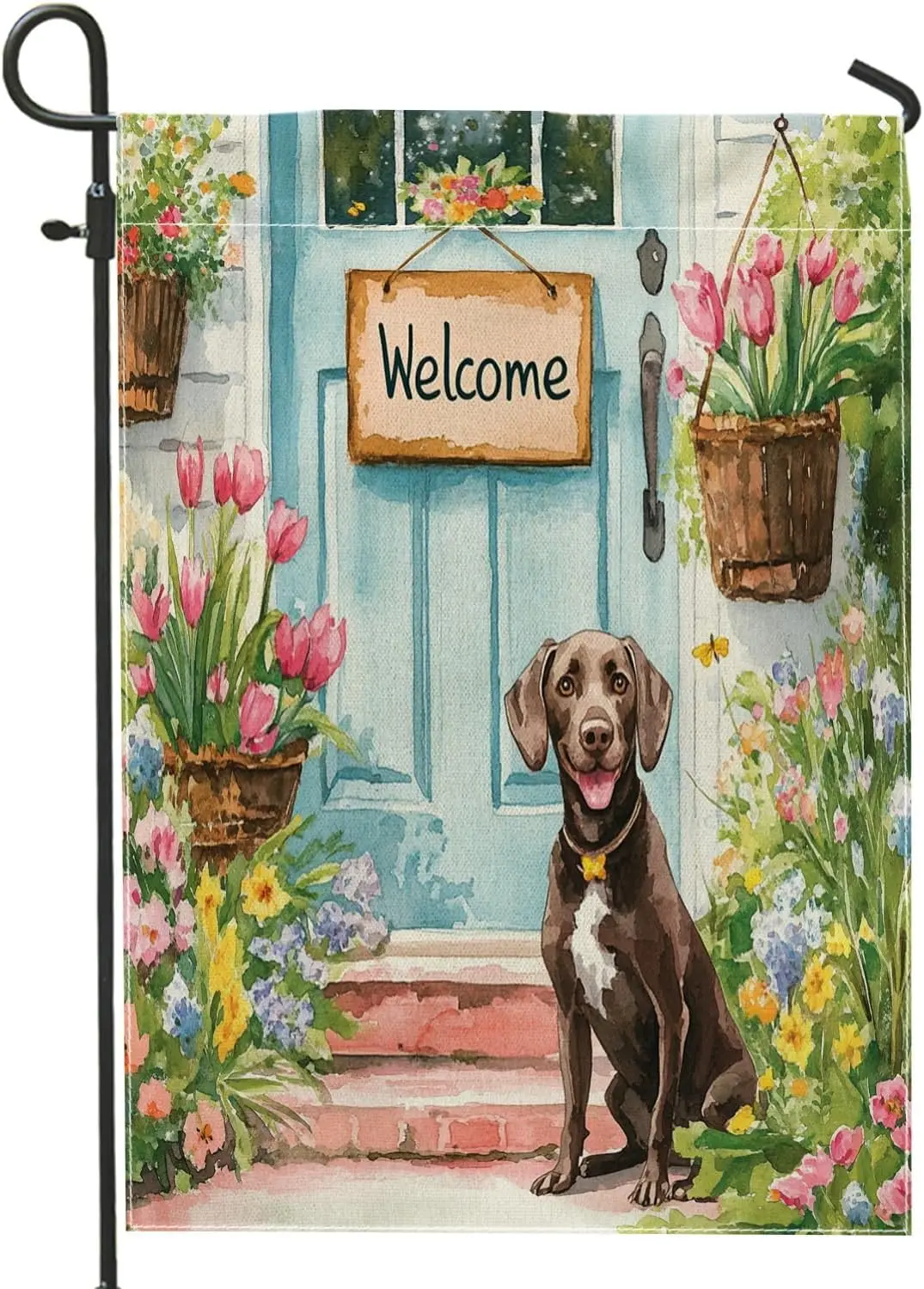 German Shorthaired Pointer Garden Flags 12x18 Inch for Outside, Welcome Flowers Pot Pattern Standard Linen House Flags, Dog  AAS