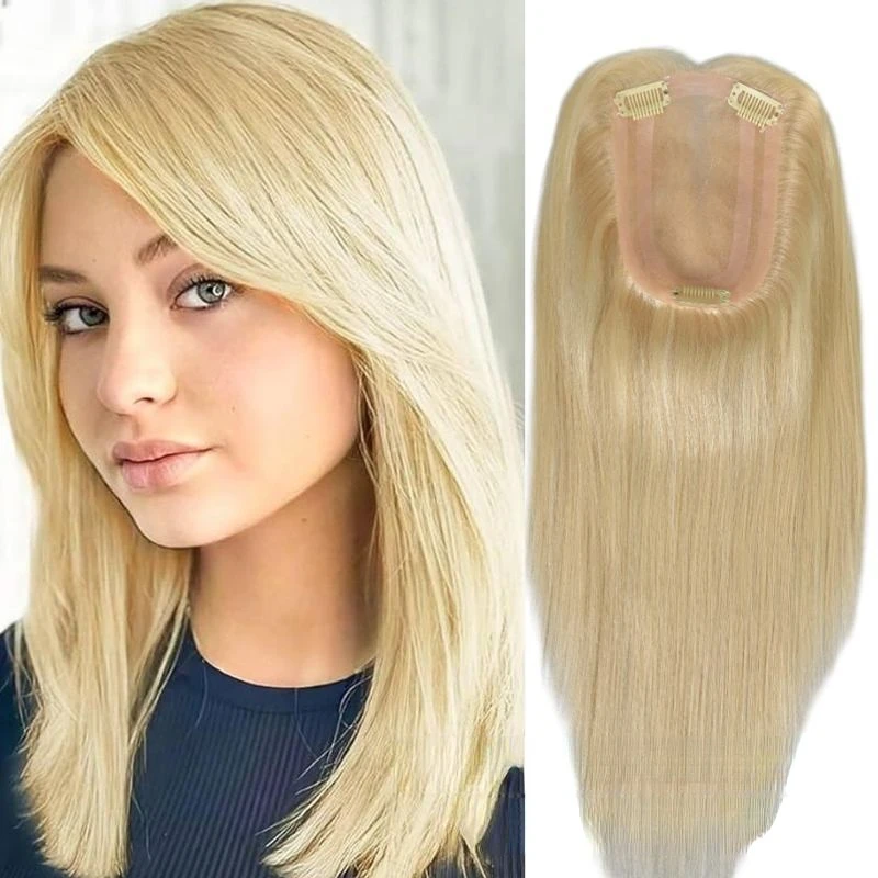 Women's Wig Real Human Hair Topper Clip In Hairpiece Silk Lace Base Breathable Hair Closure Natural Blonde Hair Extensions