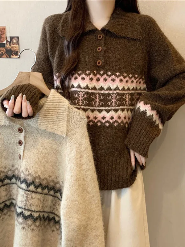 

plus Size Neck Long Sleeve Knitted Sweater Autumn Winter Loose Slimming Color Block Women's Fashion Commute Style Top
