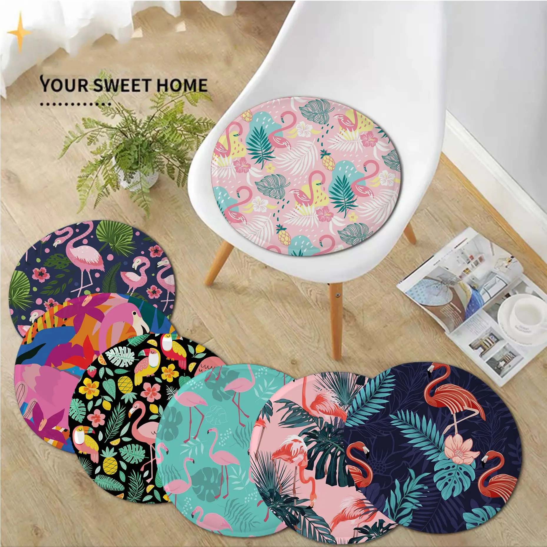 

Flamingo Printed Cushion Mat Round Seat Cushion Office Dining Stool Pad Sponge Sofa Mat Non-Slip Chair Cushions