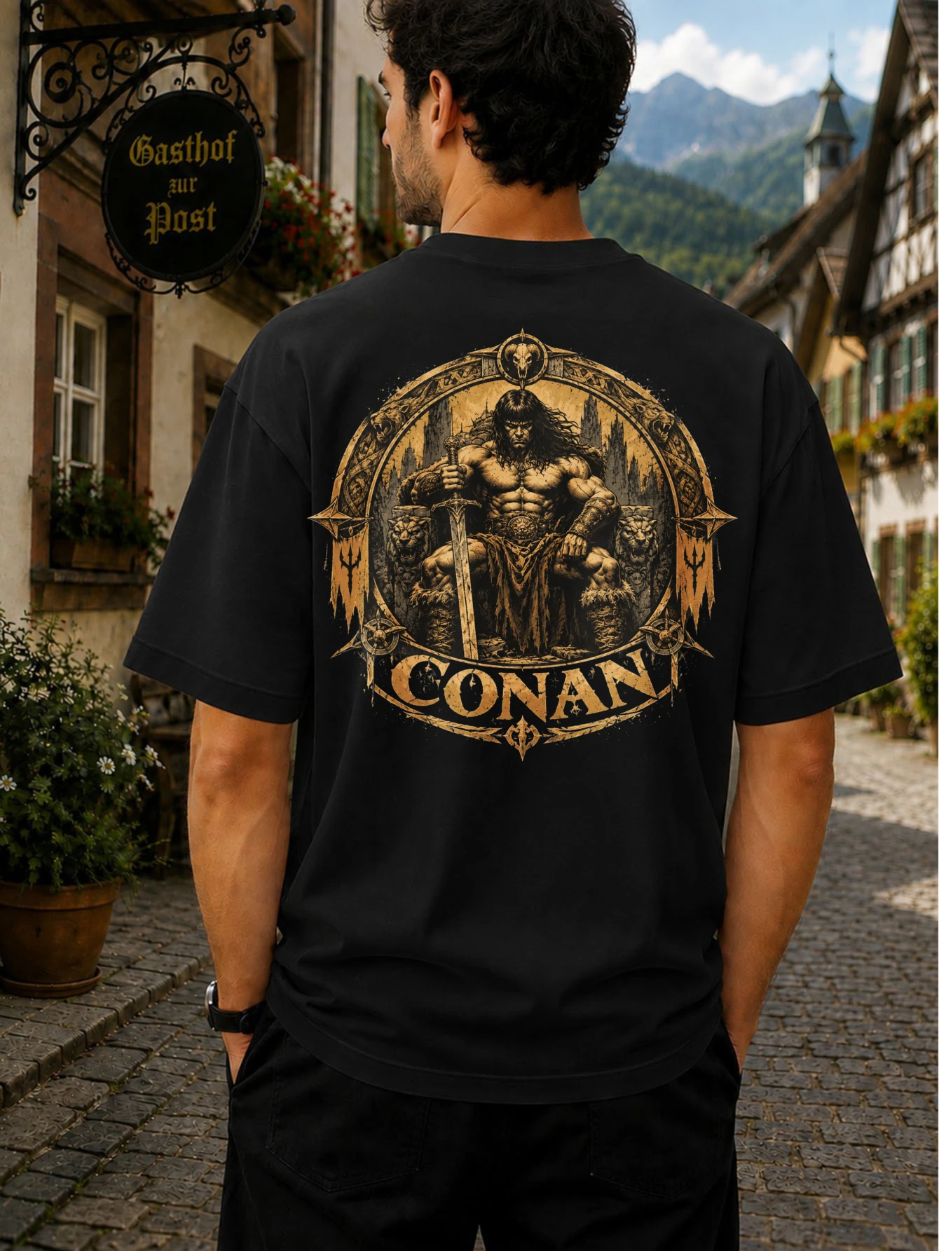 Conan Barbarian Warrior with Sword and Ornate Golden Frame Dark Medieval Fantasy Unisex T-Shirt