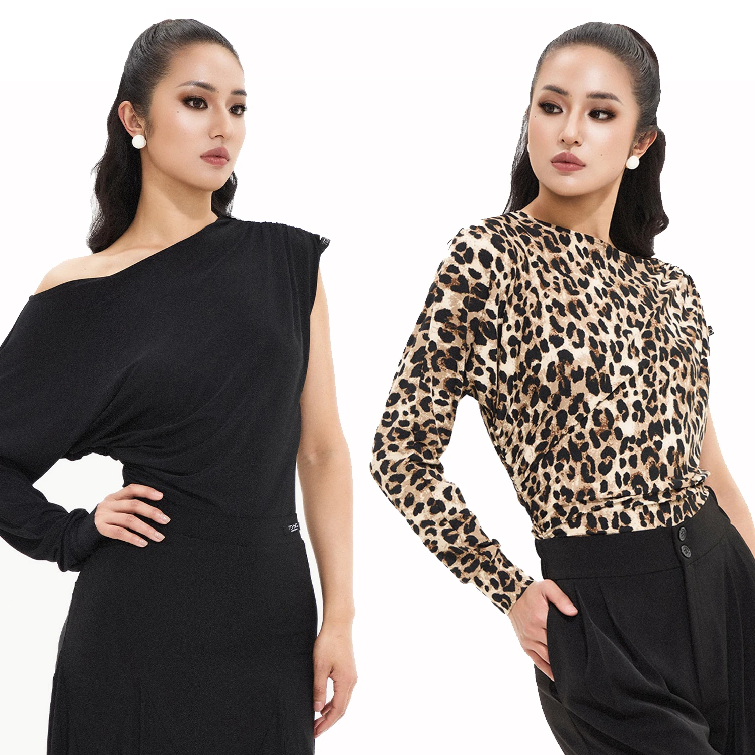 

Women Latin Dance Costumes Practice Tops Slanted Shoulder Leopard Print Tops For Spring Chacha Tango Samba Dance Wear DQL10698