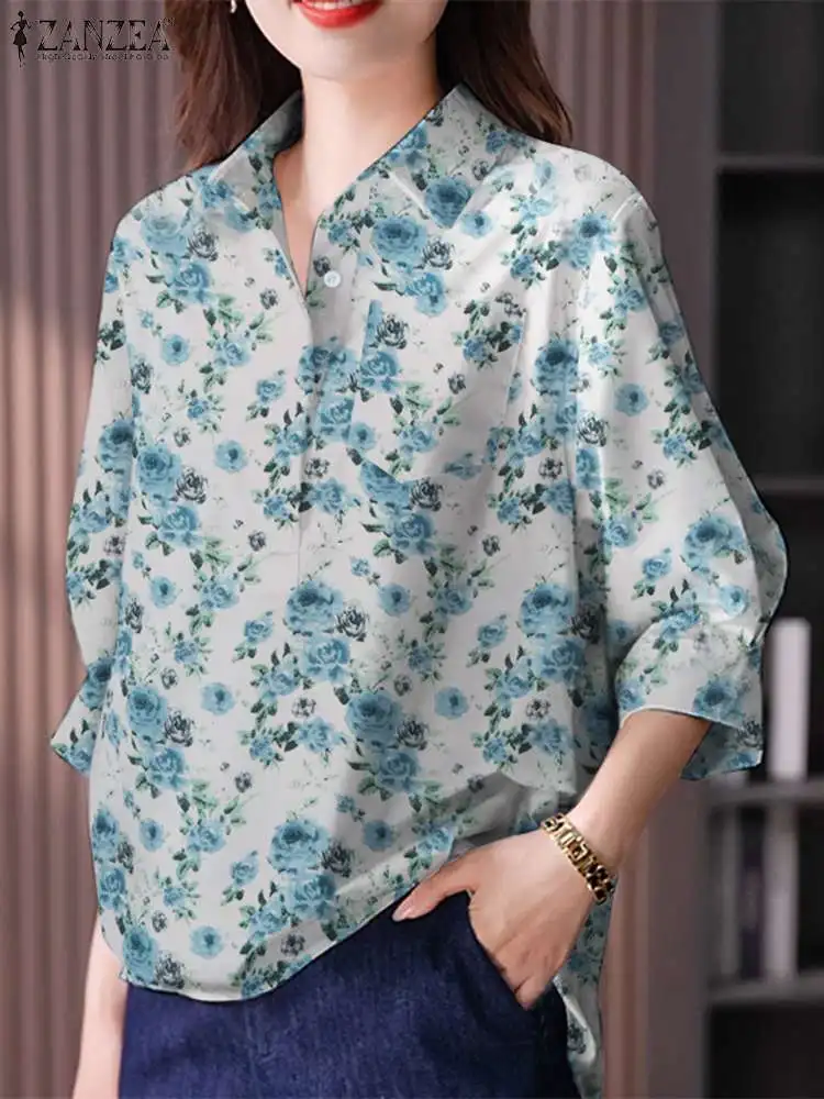 

ZANZEA 3/4 Sleeve Elegant Shirt Women Oversize Casual Work Blouse Party 2024 Spring Bohemian Floral Print Blusas Lapel Neck Tops