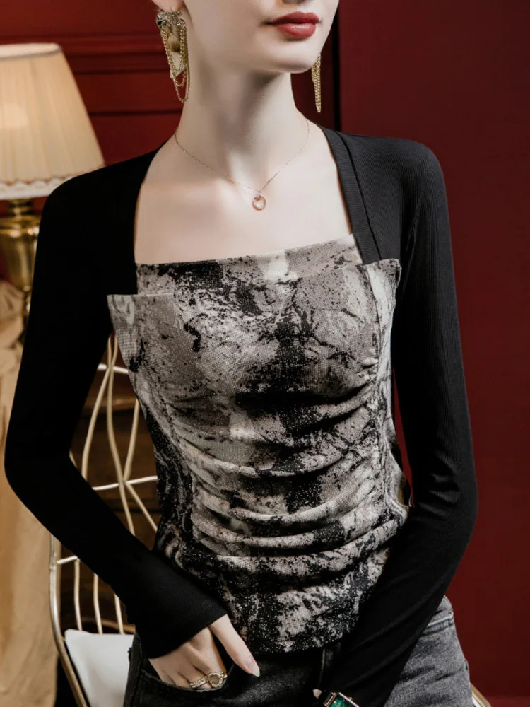 

Топ с длинными рукавами и квадратным вырезом в стиле пэчворк с принтом тай-дай – элегантная рубашка для классических танцев для выступлений на сцене и тренировочной одежде