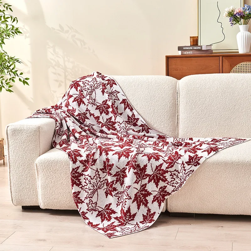 Maple Leaf Knitted Nap Throw Blanket Soft Cozy Fabric for Office Sofa Bed Beauty Salon Rest Break Daily Home Use Warm Cover