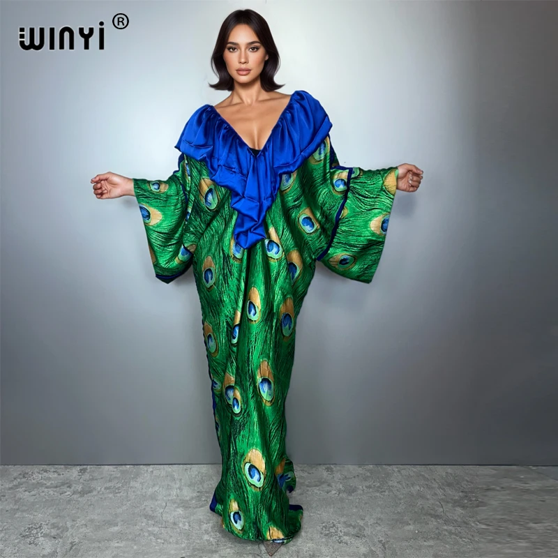 WINYI Boho Deep V Sexy Dress Muslim Abaya Lady Beach Cover Up Muslim Woman Dresses Beachwear Fashion Kaftan Abaya Dubai Luxury