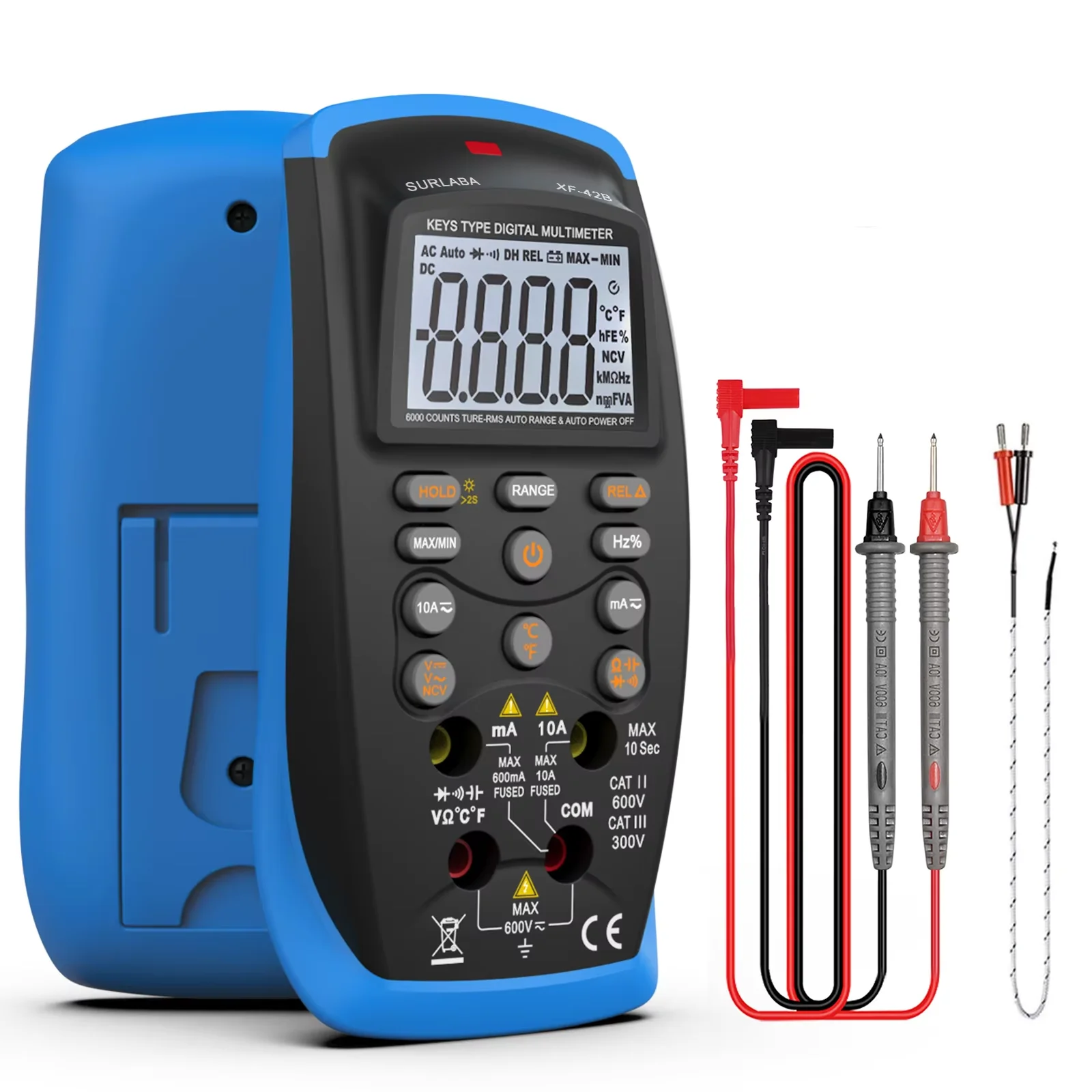 

BT-42B TRMS 6000 Count Digital Multimeter, Push Button Design, Auto-Ranging Ohm Volt Amp Cap Hz Diode Voltage Temp Continuity