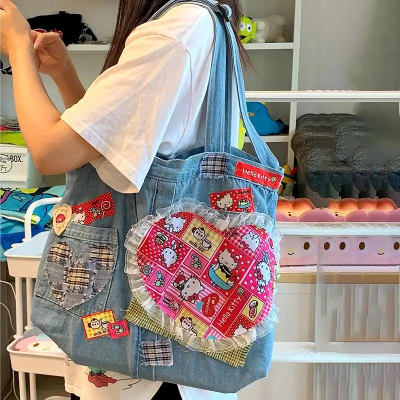 Hello Kitty Denim Embroidery Bag Anime Sanrio Original Design Millennium Y2K Cute Girl Fashion Retro Casual Shoulder Bag Gifts