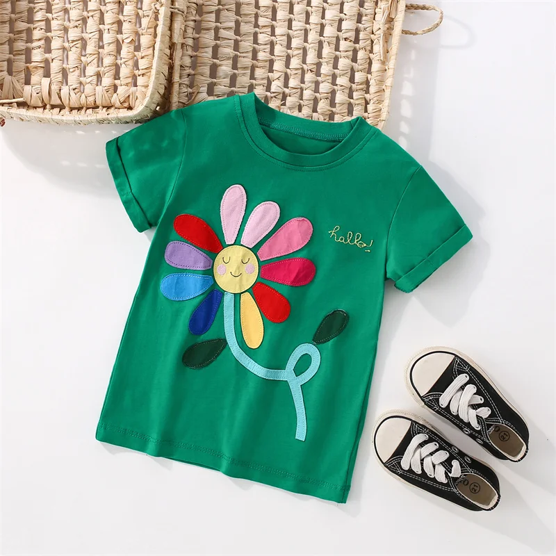 Jumping Meters 2-7T Flowers Applique Girls Tees Cotton Summer Toddler Clothes Kids Tops Children\'s Tshirts