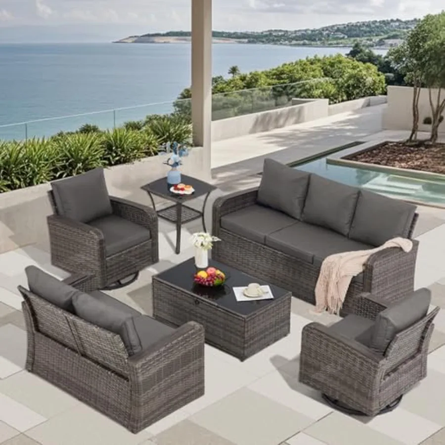 

6-Piece Outdoor Patio Furniture Set with Swivel Chairs: All-Weather Wicker, Beige Fabric, Rust-Resistant Steel Frame, UV-Protec