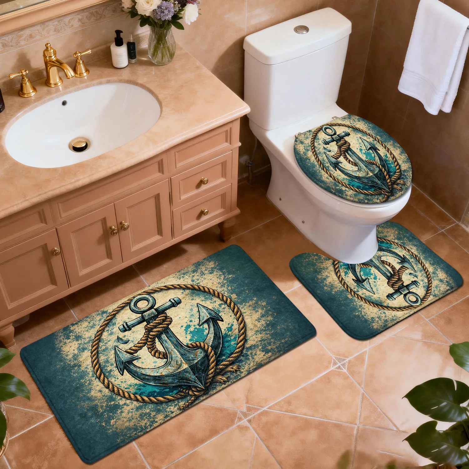 

Vintage Anchor Rope Nautical Bathroom Rugs Set 3pcs Non Slip Soft Floor Mats for Toilet Sink Bath Home Decor