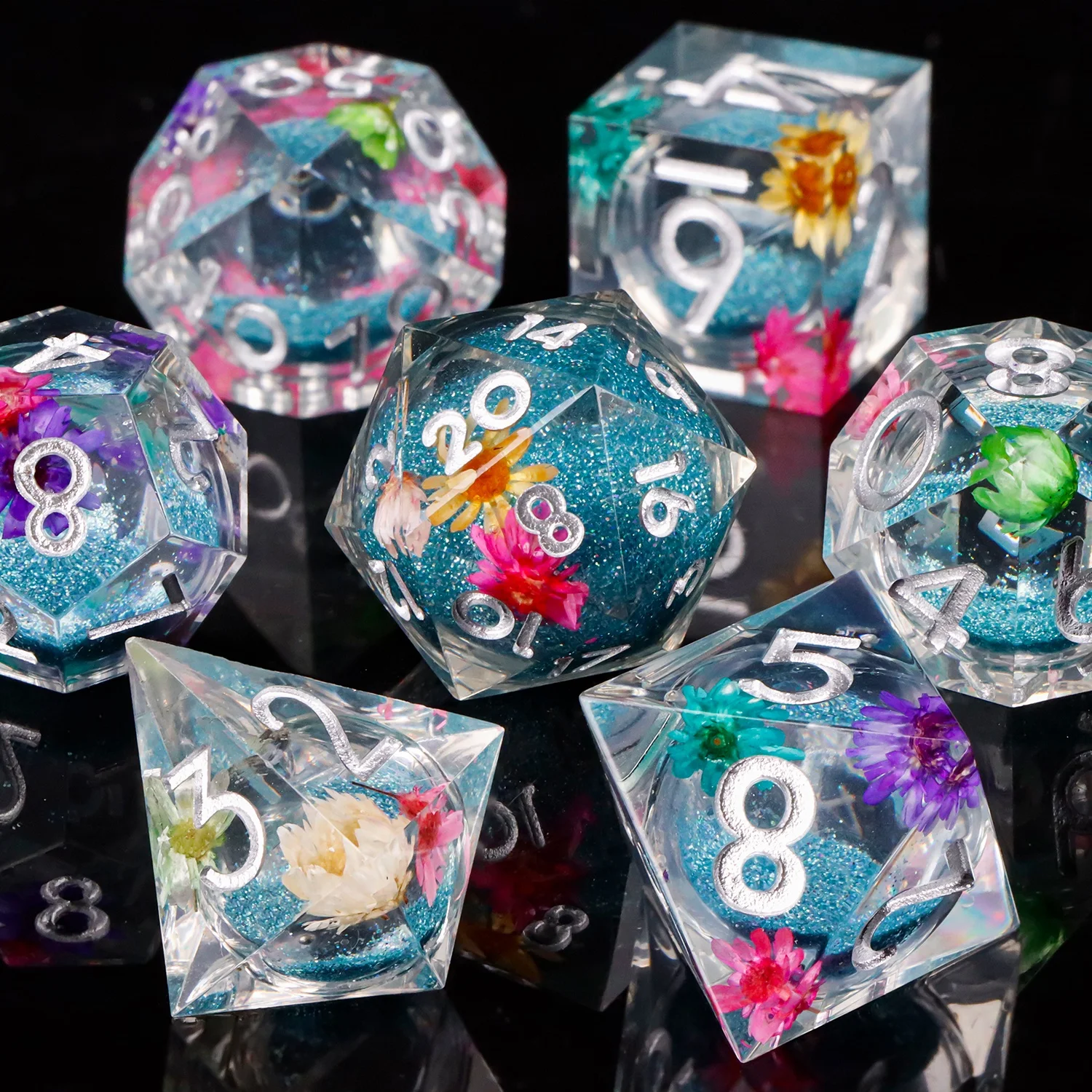 الراتنج DND مجموعة نرد زهرة السائل الأساسية لعب الأدوار النرد، النرد الأزرق للزنزانات والتنينات حافة حادة D & D مجموعة النرد