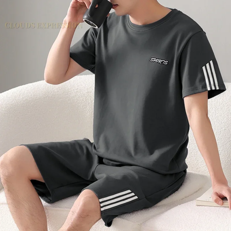 Summer Plus 7XL Knitted Pjs Short Sleeve Mens Pajama Sets Male Pajamas Plaid Loungewear For Masculine Sleepwear Homewear Fashion