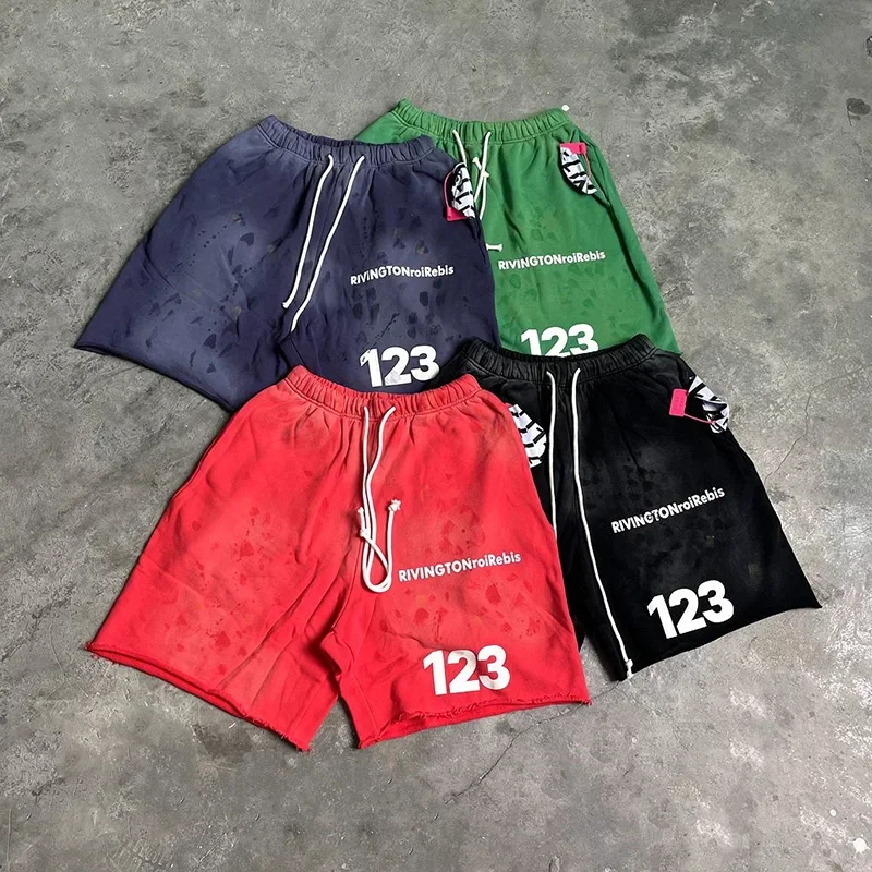 24SS Heavy Fabric Cotton Hip Hop Damaged RRR123 Shorts Men Women Vintage Washed Red Green Blue Gray Drawstring BreechesWith Tags