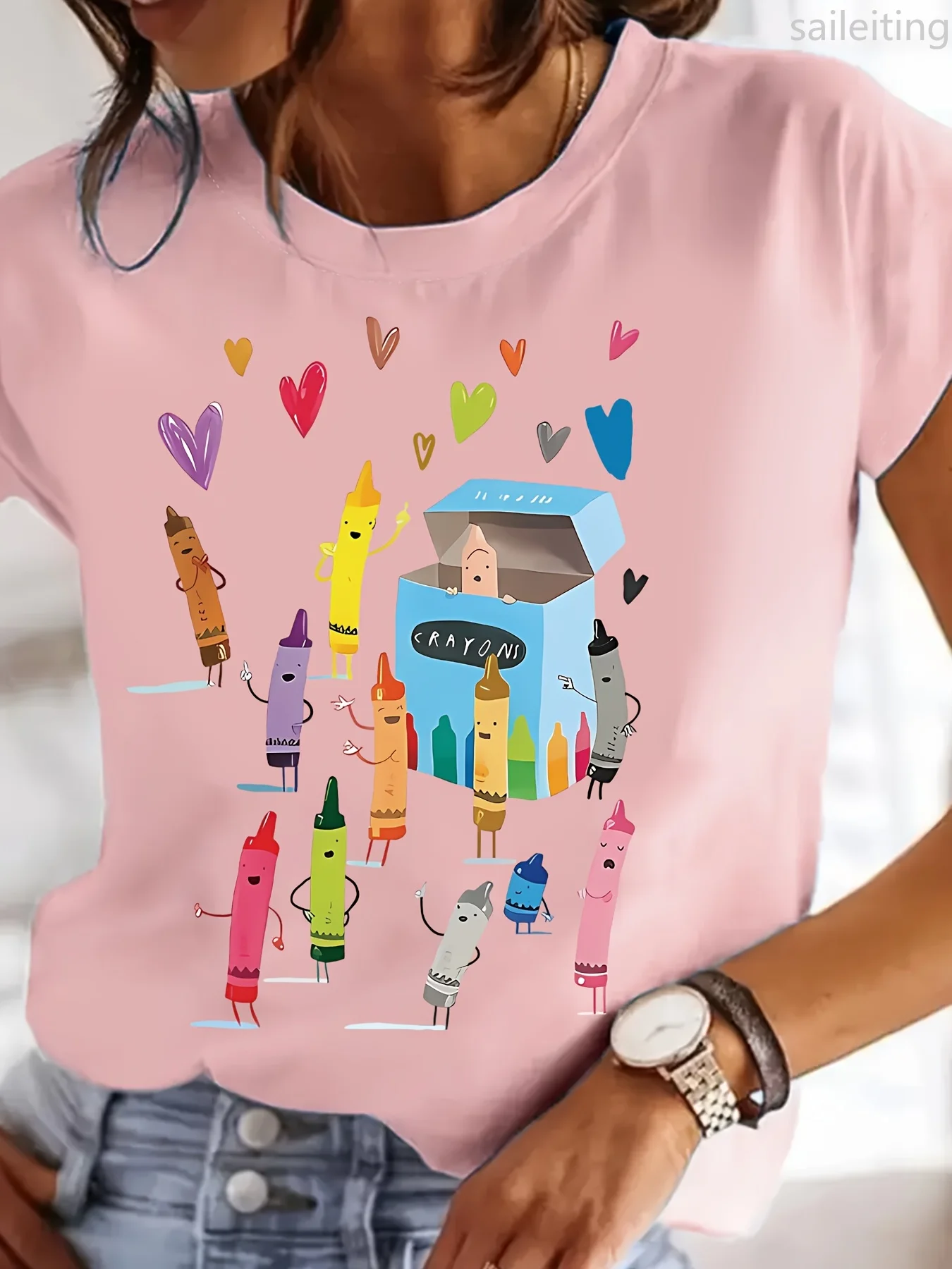 Lässiges Kurzarm-T-Shirt mit Rundhalsausschnitt, buntes Crayon-Design – „CRAYONS“-Aufdruck, Frühlings-/Sommer-Stil, Freizeitkleidung, ästhetische Kleidung